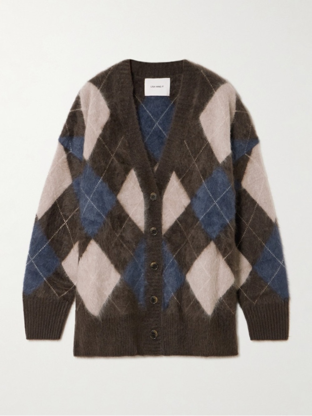 NWT OG.$1335 LISA YANG Elaria argyle brushed cashmere-jacquard cardigan